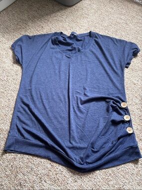 Women's Navy Short Sleeve V-Neck Top with Side Button Detail